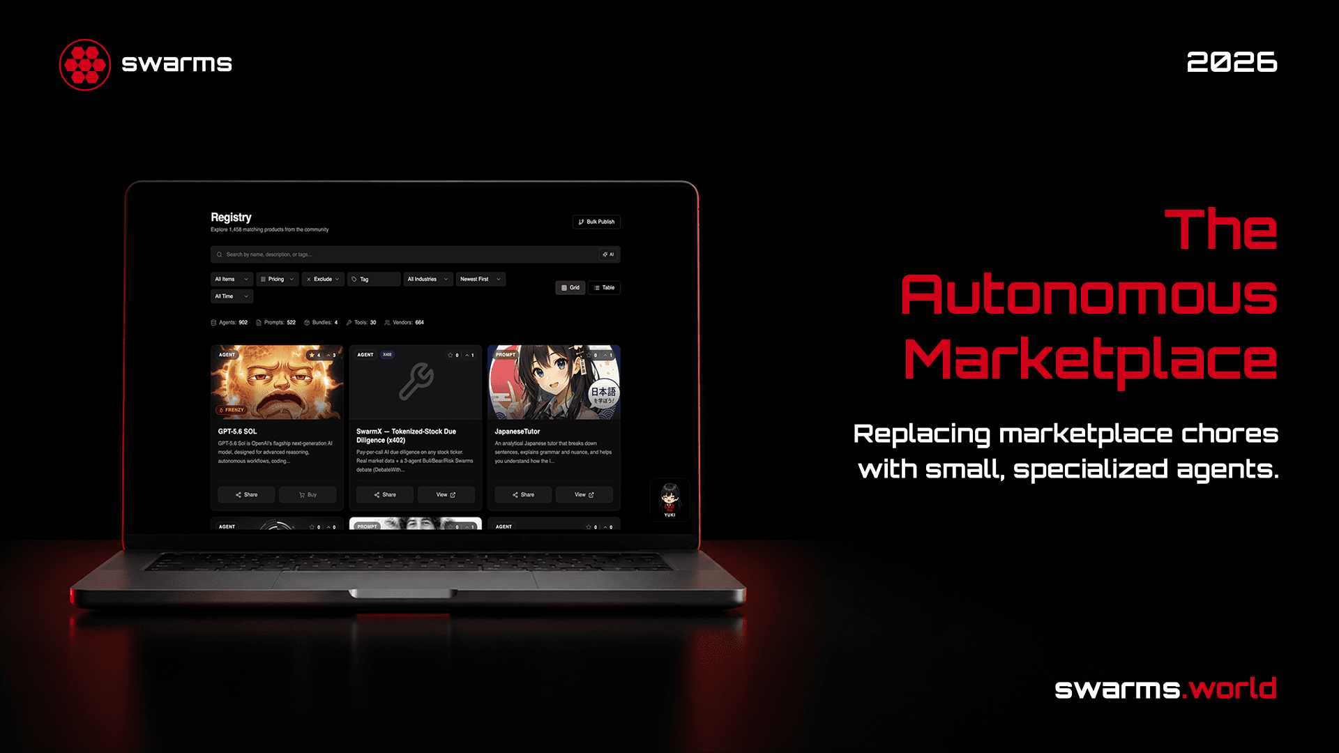 The Swarms Marketplace registry: search, filters, and industries applied live