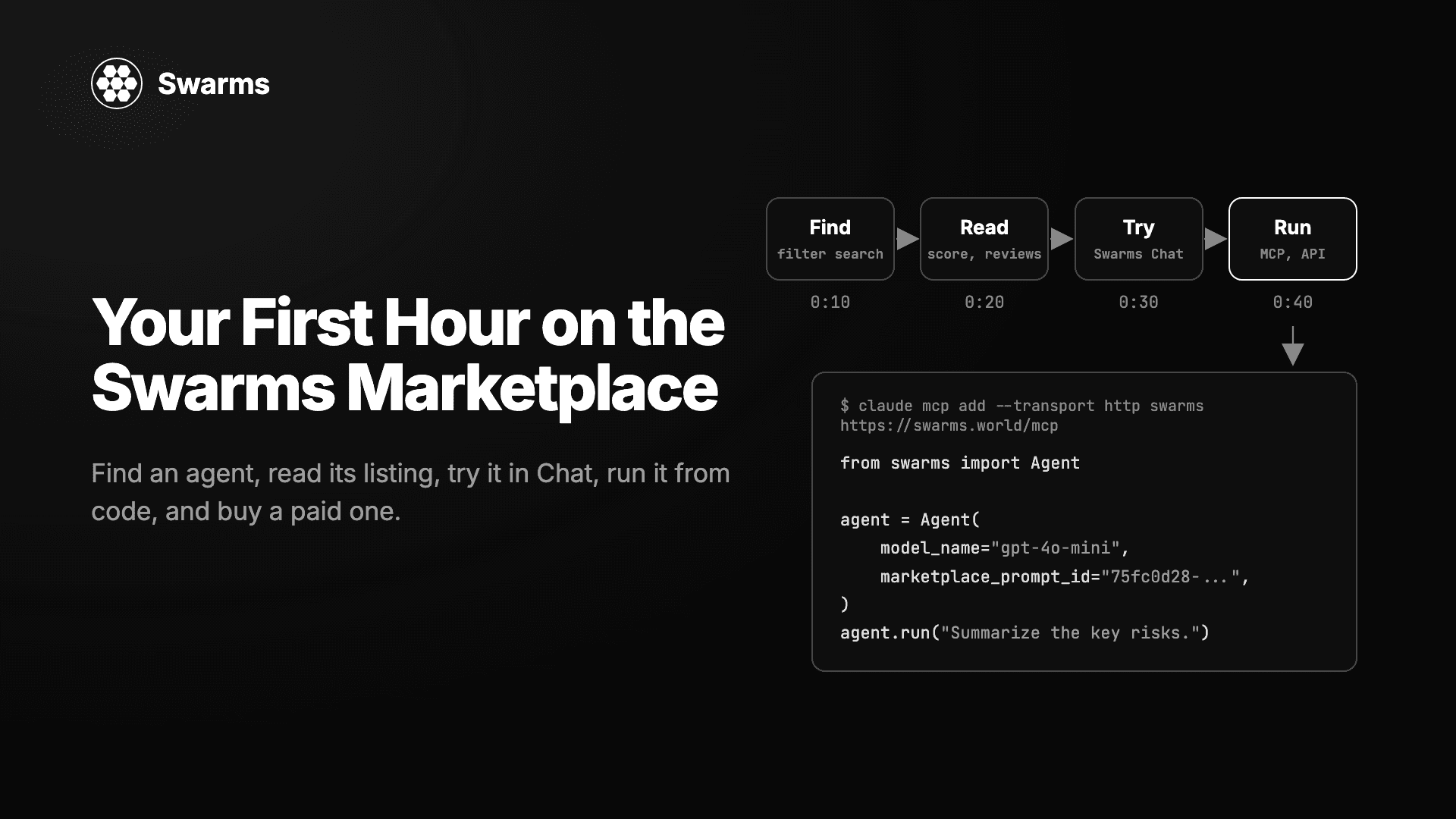 Your First Hour on the Swarms Marketplace: Find, Try, and Run an Agent