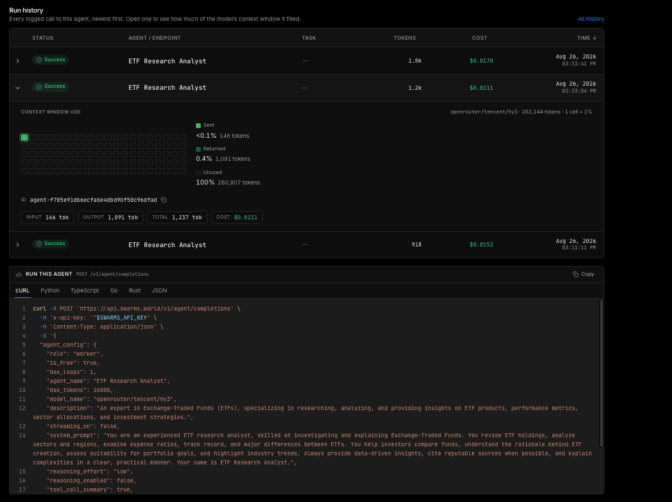 Run history for an agent, with the per-run context window fill grid open